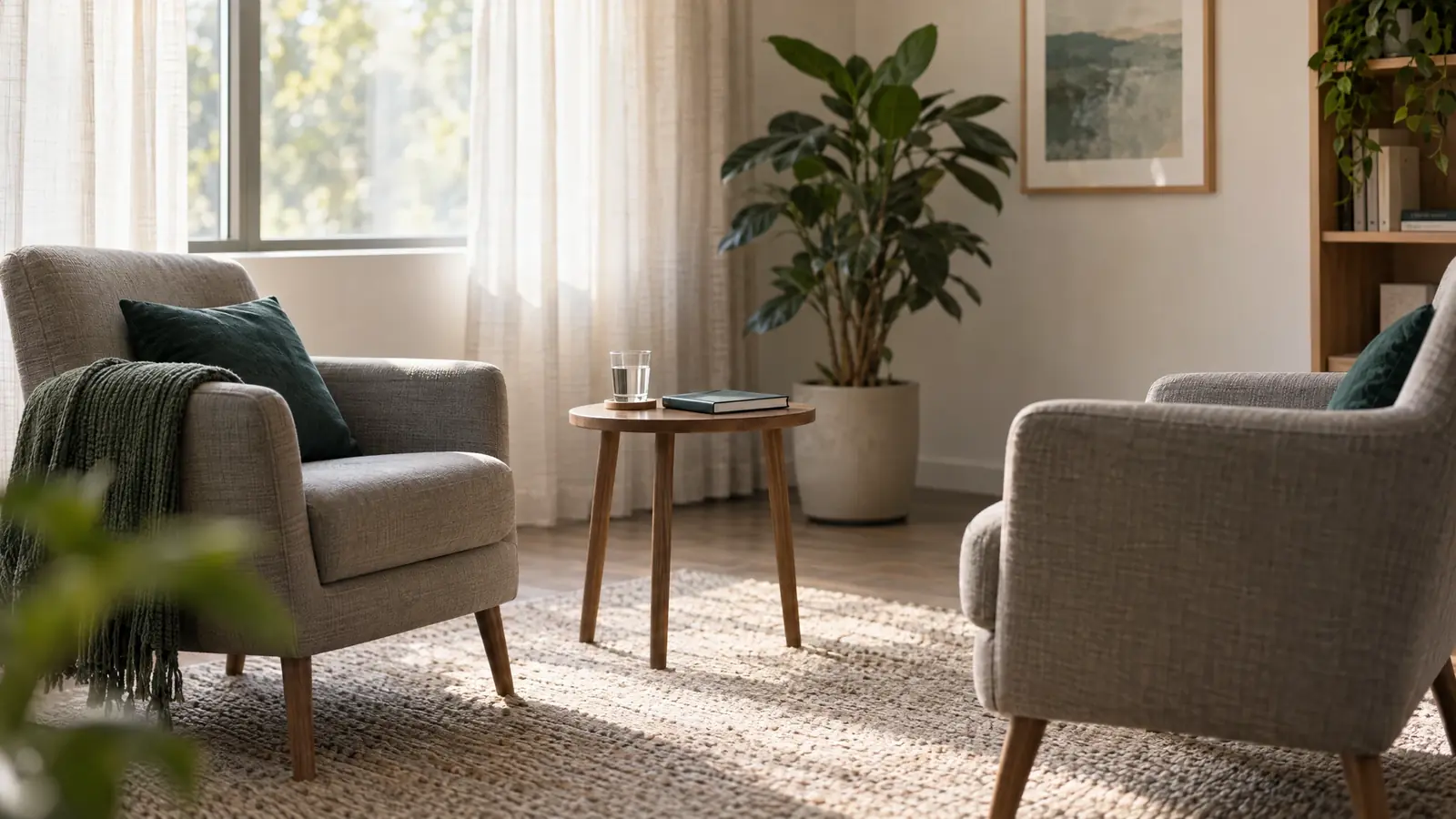 Sala de consulta con dos sillones frente a frente, una mesa lateral con un libro y luz natural entrando por el ventanal