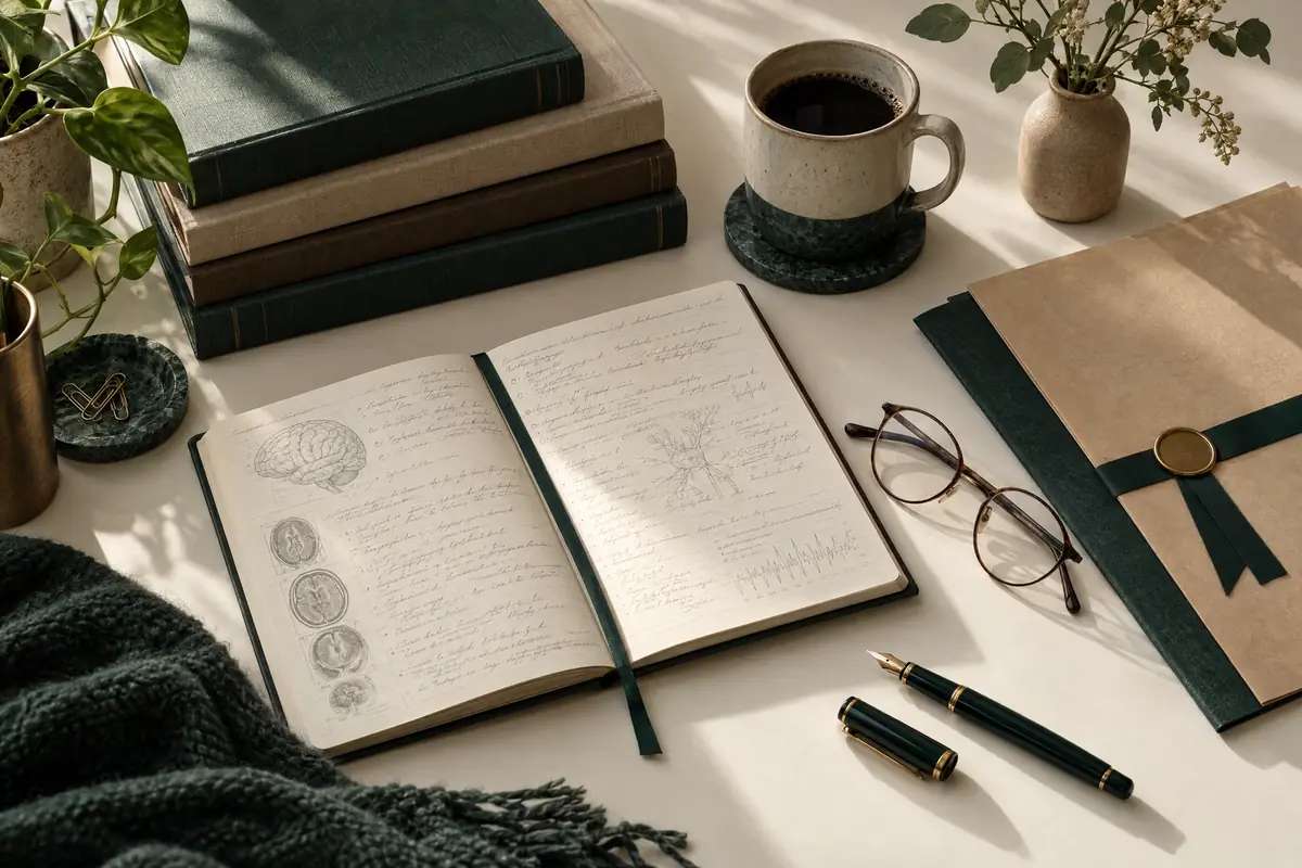 Cuaderno de notas clínicas abierto con dibujos de anatomía, junto a libros, una taza de café, lentes y una carpeta con cinta de sello